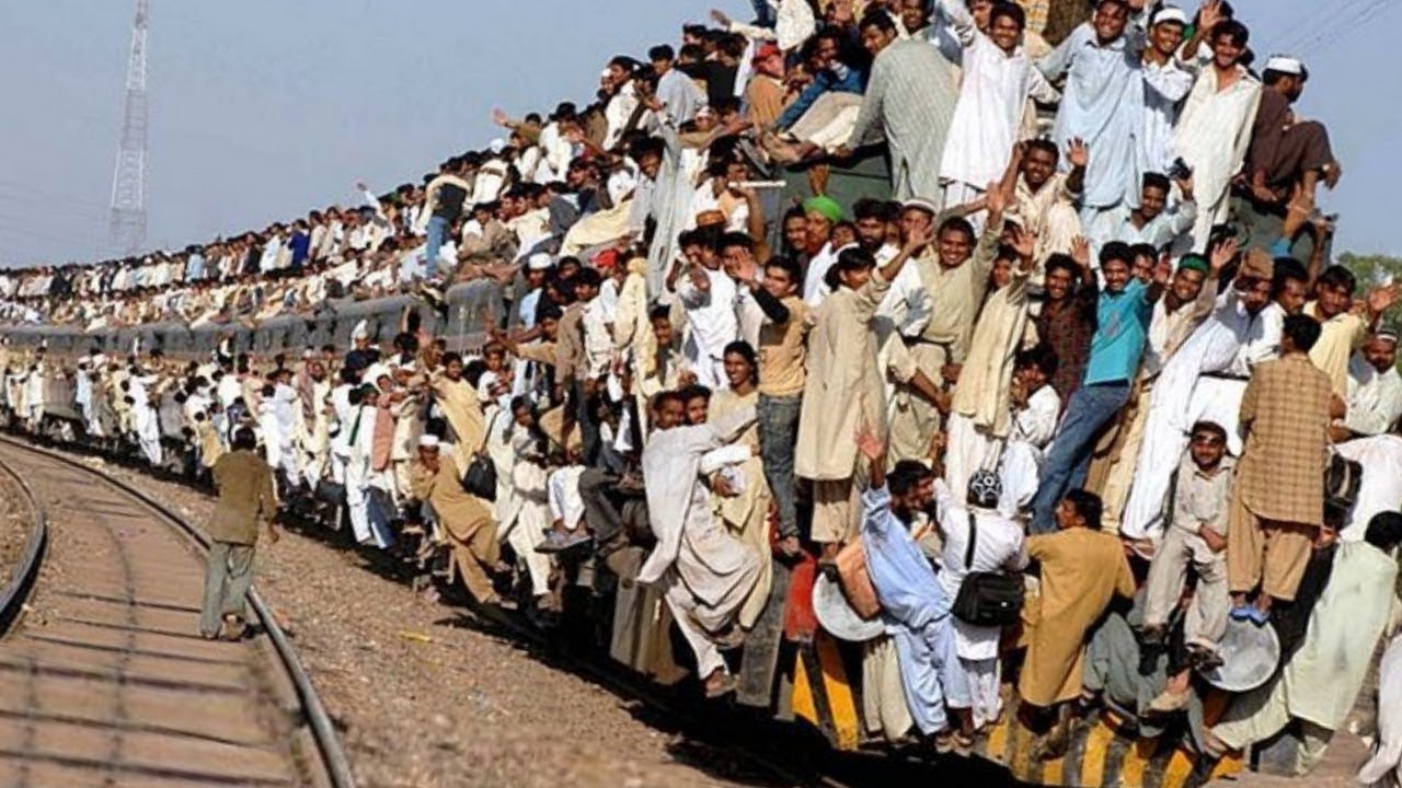 Overcrowded train in India.